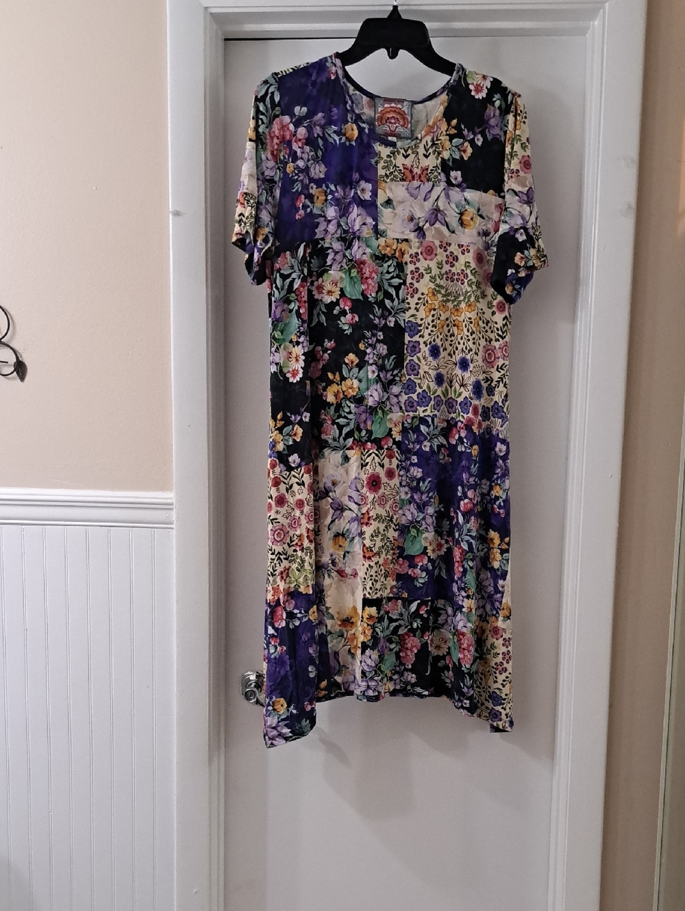 Johnny Was Sky Floral Patchwork Sht Sleeve Midi  Swing Dress  Purple Multi L EUC